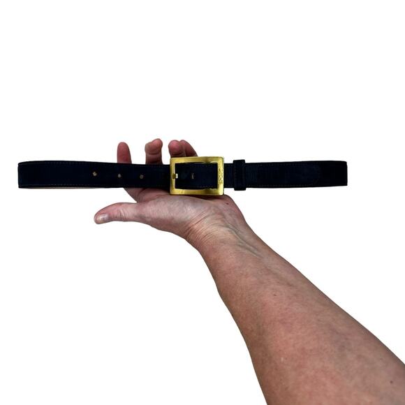 Vintage ESCADA Blue Suede Leather Belt Gold Tone Buckle German 40 Measures 36.5" - Picture 9 of 13